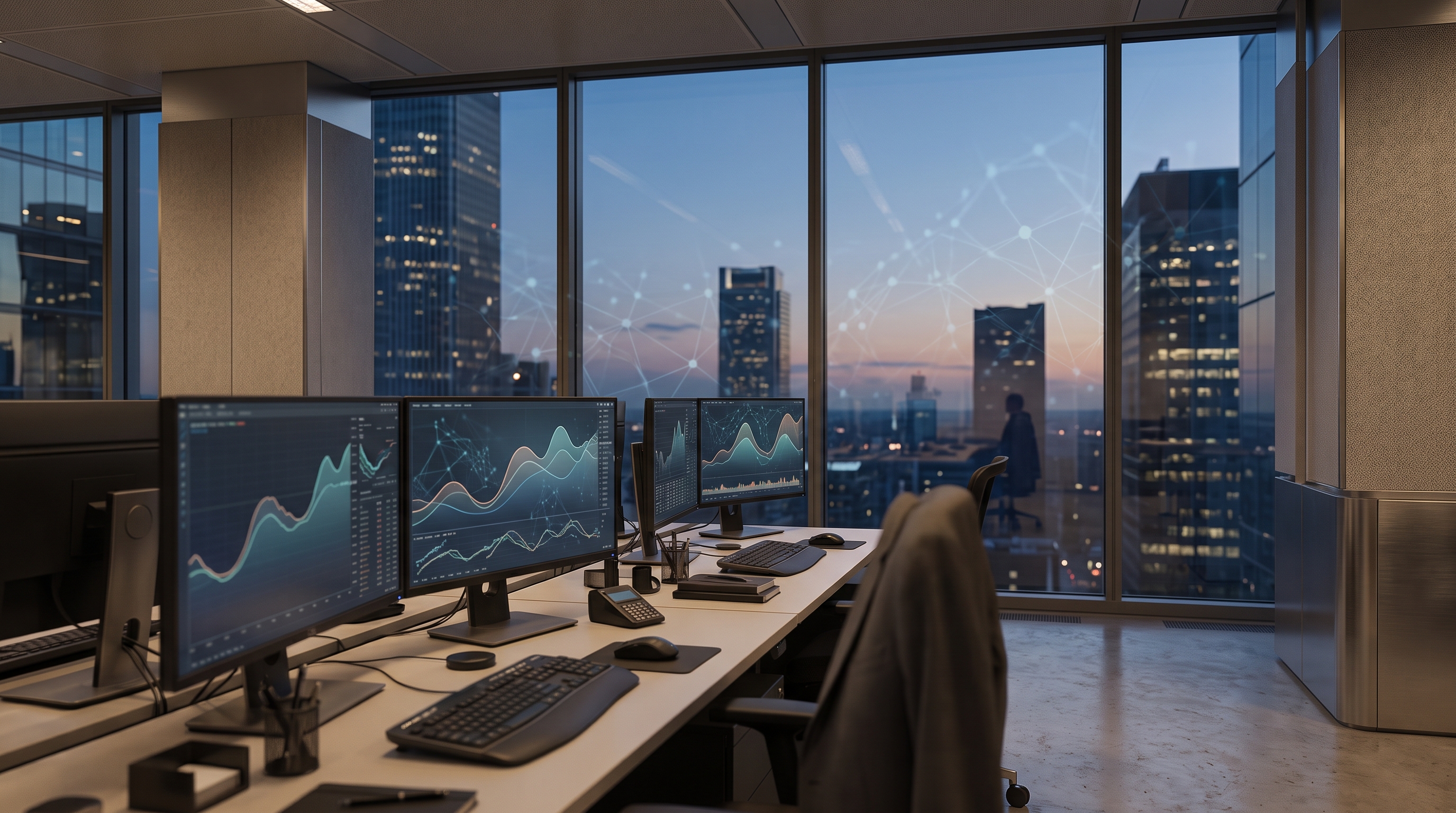 AI-generated illustration of a financial trading desk overlooking a city skyline with abstract market curves and a blockchain network light motif