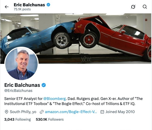 Verified X profile of Eric Balchunas, Senior ETF Analyst for Bloomberg, with 530,000 followers