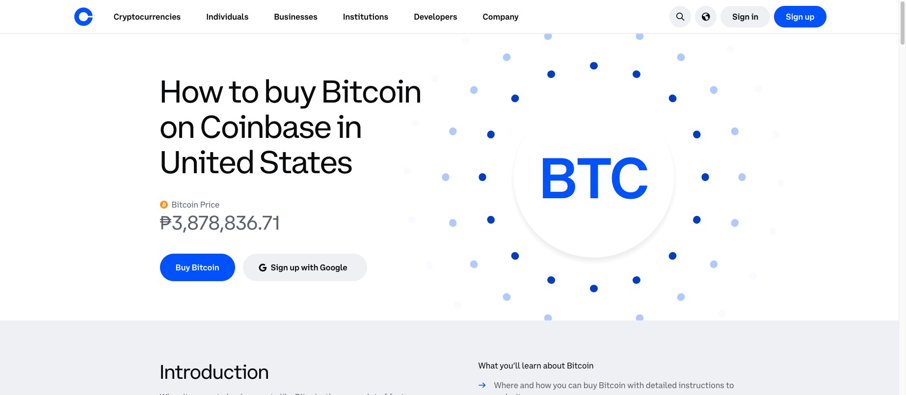Coinbase how to buy bitcoin page showing the live BTC price and a Buy Bitcoin button