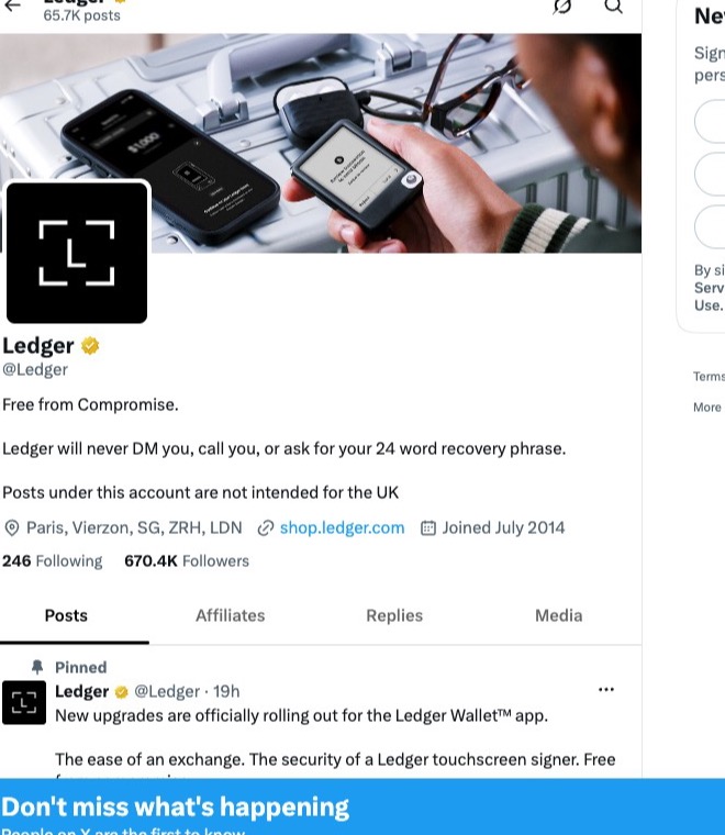 Ledger official verified X account stating it will never DM, call, or ask for your 24 word recovery phrase